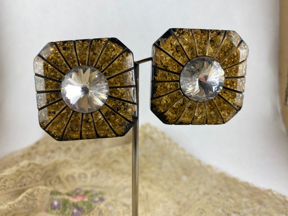 1950s carved lucite earrings, gold and black - image 2