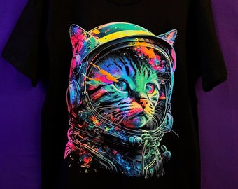 Cosmic Kitty: Exclusive and Unique Dark Tee with Adorable Space Cat & Vibrant UV Light Glow