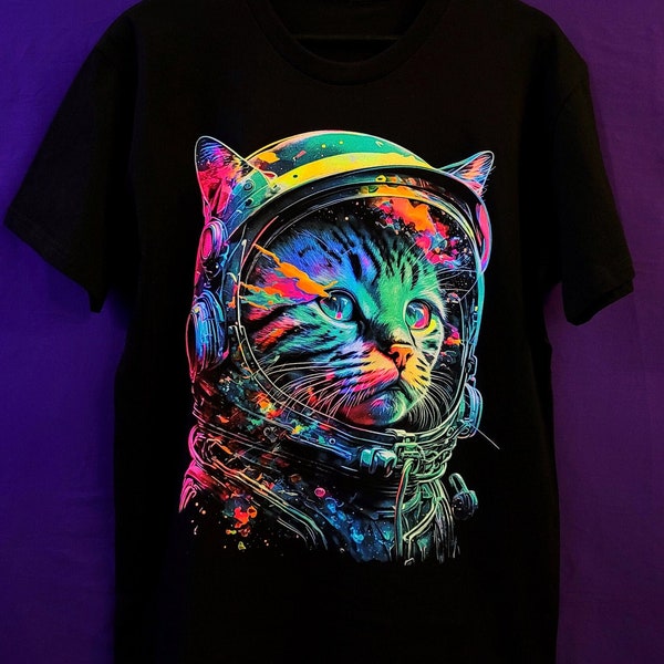 Cosmic Kitty: Exclusive and Unique Dark Tee with Adorable Space Cat & Vibrant UV Light Glow