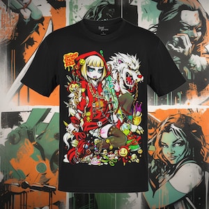 May include: Black t-shirt with a colorful graphic print of a girl in a red hooded jacket and a wolf. The girl is holding a weapon and there are various other objects around her, including chains, hearts, and a skull. The text "Its Color Them Red" is printed on the shirt.