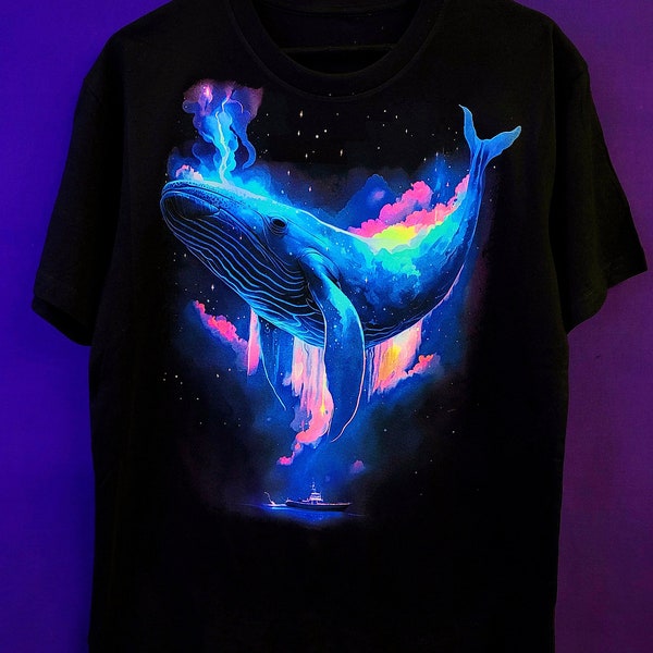 Stand out from the crowd with our T-shirt glowing Space Whale! Order now and elevate your style to the next level