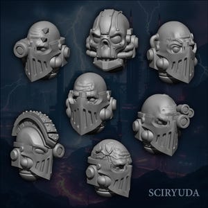May include: A collection of seven gray, futuristic-style helmet designs. Each helmet features a distinct faceplate, with variations in the shape and detailing of the headgear. The helmets have a mechanical aesthetic, with visible vents and attachments.