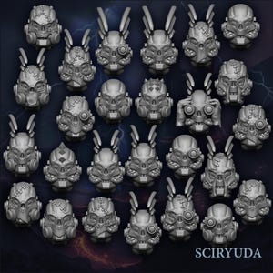 May include: A collection of 30 grey plastic miniature helmet heads with various designs, including horns, goggles, and stitches. The helmets are arranged in rows and columns on a dark background.
