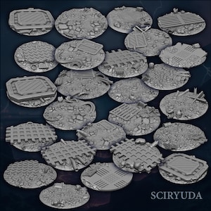 May include: A set of 20 round, gray, resin bases for miniature figures. The bases feature various textures, including cracked pavement, metal grates, and rubble.