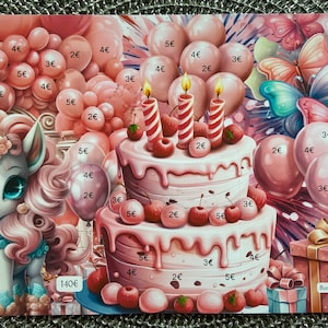 Könnte beinhalten: Ein rosa-weißes Einhorn mit rosa Mähne und Schweif steht vor einem zweistöckigen rosa Kuchen mit Kerzen und Kirschen. Der Kuchen ist von rosa Luftballons mit Euro-Preisen umgeben. Der Hintergrund ist ein rosa-weißes Blumenmuster mit Schmetterlingen.