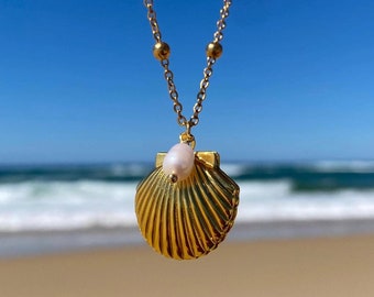 Collier médaillon photo en forme de coquillage avec perle nacrée blanche, acier inoxydable doré ou argenté pour fille en boîte bijoux cadeau