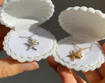 Collier Sirena - Avec étoile de mer et perle nacrée blanche, collier d&#39;été pour fille, chaîne en acier inoxydable, cadeau bijoux coquillage