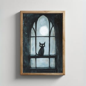 Black Cat in Gothic Window Wall Art Printable Halloween Decor Digital ...