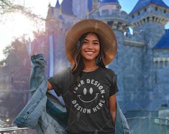 Magic Kingdom Mockup, Oversized Black tee mockup, AAPI Model Mock, Theme park Mock, Vacation Mockup, Aesthetic Mock, Bella Canvas Black Tee