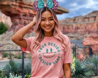 Magic Kingdom Mockup, Oversized Pink tee mockup, AAPI Model Mock, Theme park Mock, Vacation Mockup, Outdoor mockup, Bella Canvas Pink Tee,