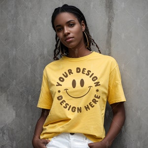 Oversized Yellow T Shirt Mockup | Black Model Mockup | Aesthetic Mocks | Bella Canvas Yellow Shirt | Boho | Trendy Mock | Gold | Urban