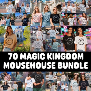 Könnte beinhalten: Eine Collage aus 70 Bildern mit verschiedenen Designs von T-Shirts mit dem Text "Your Design Here" und einem Smiley. Der Text "70 Magic Kingdom Mousehouse Bundle" wird in großen, fetten Buchstaben am unteren Rand der Collage angezeigt.
