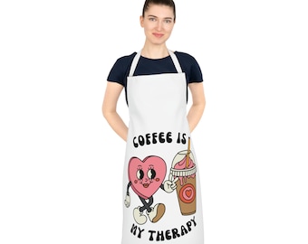 Coffee Is My Therapy Adult Apron (AOP), Coffee Apron For Coffee Shops, Coffee lovers Gifts, Pockets Adjustable Neck Perfect Gift For Friend