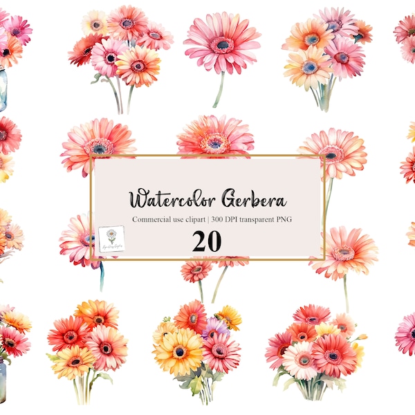 Watercolor Gerbera Clipart | Gerbera clipart | Gerbera floral bouquets | Gerbera clipart | PNG instant download | Commercial use clipart