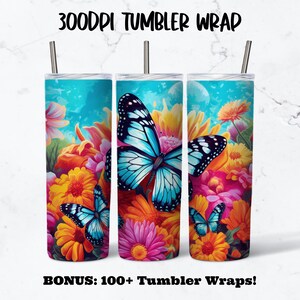 Butterflies 20oz Tumbler Wrap, Colorful Butterfly Tumbler, Sublimation Tumbler Wrap, Straight Skinny Tumbler, Tumbler Wrap PNG