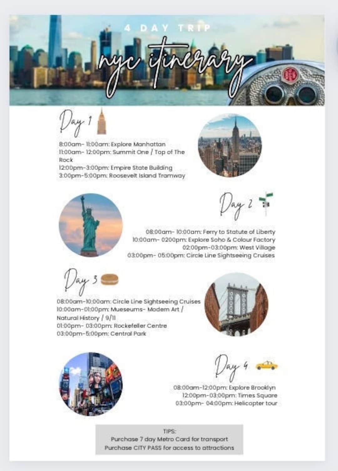 NYC 4 Day Trip Itinerary Template Etsy