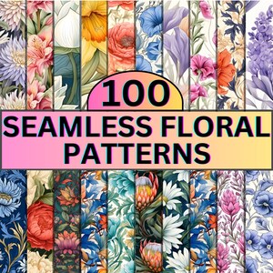May include: A collage of 100 seamless floral patterns featuring a variety of flowers in different colors and styles. The patterns are arranged in a grid format and are perfect for use in digital and print projects.