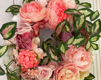 Corona de puerta primaveral en color rosa, hecha de flores de seda. Decoración, idea de regalo, Día de la Madre, boda, cumpleaños, corona, decoración del hogar.