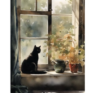 Black Cat Art Print / High Quality Digital Art / Fall Wall Decor / Instant Download / Autumn Winter Moody/ Cat Watercolor/ Printable Gift