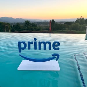 May include: A blue plastic Prime logo with a white base floating in a swimming pool.