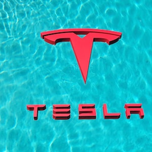 May include: A red Tesla logo floating in a blue swimming pool. The word "TESLA" is spelled out in red letters below the logo.