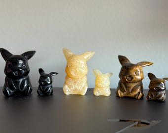 Pikachu Pokémon Crystal Carving in Yellow Calcite Tigers Eye Obsidian Large Version