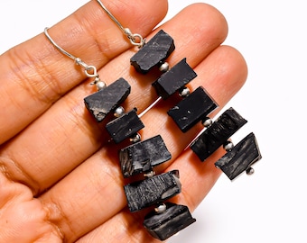 Raw Black Onyx Earrings Wire Wrap Earrings Black Stone Earrings Dangling Earrings Onyx Jewelry Statement Earrings for Women