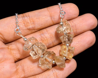 Raw Citrine Crystal Gemstone Wire Wrap Statement Chain Pendant Necklace Jewelry Gift for Her