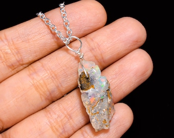 Rainbow Fire Opal Necklace, Raw Opal Pendant, Ethiopian Opal Jewelry, Raw Crystal Necklace, Raw Opal Necklace, Chain Necklace for Women