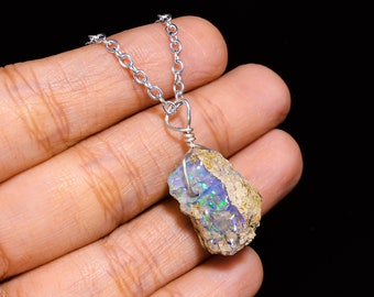 Rainbow Fire Opal Necklace, Raw Opal Pendant, Wire Wrap Necklace, Opal Jewelry, Wire Wrapped Pendant, Chain Necklace, Raw Crystal Necklace