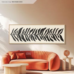 Lienzo de arte de pared moderno de mediados de siglo / Impresión abstracta enmarcada / Arte de pared panorámico amplio para sala de estar / Lienzo horizontal / Arte con estampado de plantas