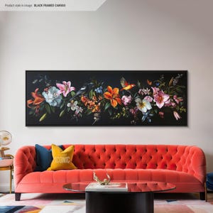 Flowers At Night Framed Canvas Wall Art | Wide Panoramic Wall Art Above Bed | Horizontal Canvas Print For Bedroom | Above Couch Art