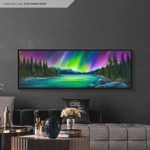 Nordlichter Leinwand Kunst gerahmt | Großes Panoramagemälde | Horizontale Kunst | Seelandschaft Wandkunst | Stimmungsvoller Ozean Leinwanddruck