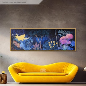 Flowers At Night Framed Canvas Wall Art | Wide Panoramic Wall Art Above Bed | Horizontal Canvas Print For Bedroom | Above Couch Art
