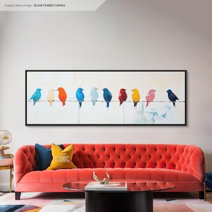 Abstract Birds Wall Art Canvas | Framed Abstract Print | Wide Panoramic Wall Art for Living Room | Horizontal Canvas | Mid Century Birds