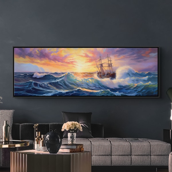 Ship at ocean sea art print on canvas, colorful sea waves, oil style painting, large panoramic wall art for home, framed and ready to hang
