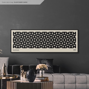 Mid-Century Modern Canvas Print | Framed Bauhaus Art | Wide Panoramic Wall Art for Living Room | Horizontal Canvas | Black Semicircles