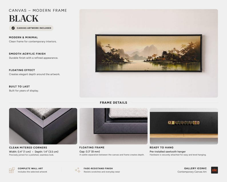 Misty Mountain Lake and Traditional Pagoda Canvas Print Canvas – Frame – Black