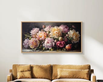 Peony Canvas Art | Framed Flower Wall Art | Large Botanical Painting | Floral Wall Decor | Above Bed Wall Art | Horizontal Wall Art