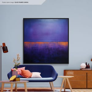 Arte em tela abstrata em roxo escuro e laranja | Arte de parede moderna emoldurada | Pintura colorida grande | Decoração de parede estética | Arte de parede para sala de estar