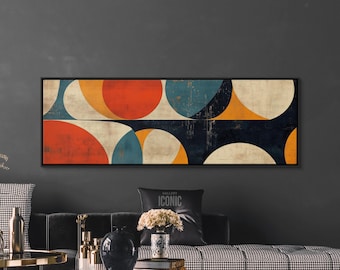 Moderne muurkunst uit het midden van de eeuw | Ingelijste Bauhaus-print | Brede panoramische muurkunst voor woonkamer | Horizontaal canvas | Abstracte muurkunst