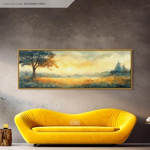 Forest Meadow Landscape Framed Canvas | Wide Panoramic Wall Art for Bedroom | Horizontal Canvas Print | Impressionism Wall Art
