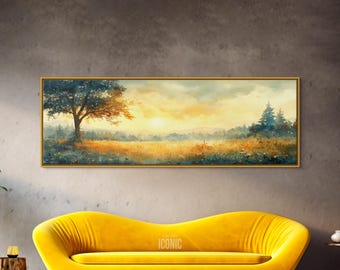 Forest Meadow Landscape Framed Canvas | Wide Panoramic Wall Art for Bedroom | Horizontal Canvas Print | Impressionism Wall Art