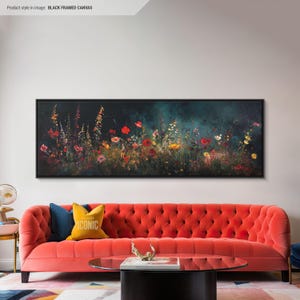 Wildflowers At Night Framed Canvas Wall Art | Wide Panoramic Wall Art Above Bed | Horizontal Canvas Print For Bedroom | Above Couch Art
