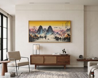 Misty Mountain Pagodas and River Boats Canvas Print