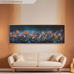 Wildflowers At Night Framed Canvas Wall Art | Wide Panoramic Wall Art Above Bed | Horizontal Canvas Print For Bedroom | Above Couch Art