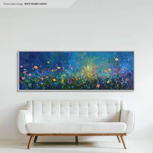 Wildflowers At Night Framed Canvas Wall Art | Wide Panoramic Wall Art Above Bed | Horizontal Canvas Print For Bedroom | Above Couch Art