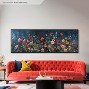 Abstract Floral Art Canvas | Big Wide Panoramic Wall Art Above Bed | Long Horizontal Canvas For Living Room | Wildflowers Art Print