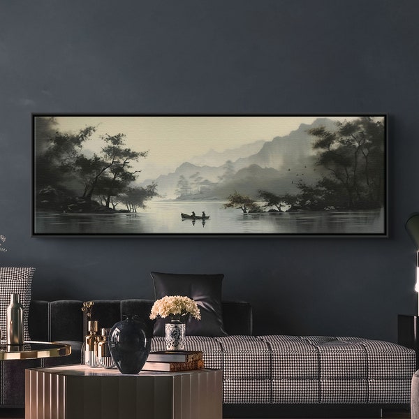 Minimalist Asian lake art print on canvas, watercolor style painting, large nature panoramic wall art for home, framed and ready to hang