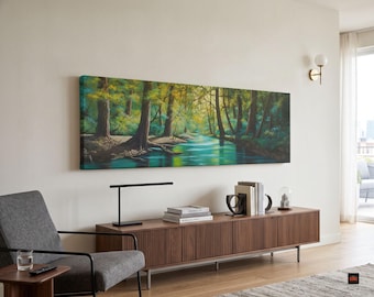 May include: A rectangular canvas wall art print featuring a forest landscape with tall trees and a calm, flowing river. The scene is rendered in shades of deep green, teal, and golden yellow, depicting a serene woodland environment with light filtering through the dense canopy of leaves.